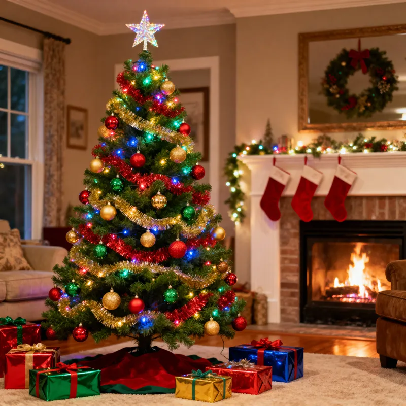 Festive Decor: Twinkling Christmas Tree in Cozy Living Room