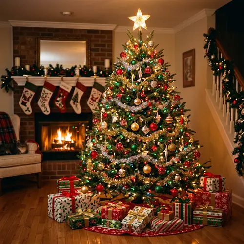 Festive Decor: Twinkling Christmas Tree in Cozy Living Room