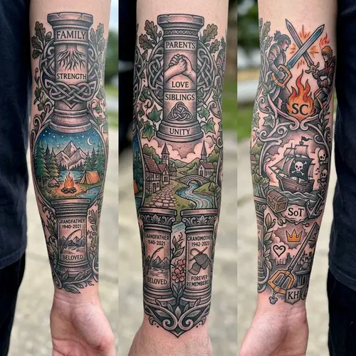 Family Timeline Tattoo with Grandparent Tributes & Game References