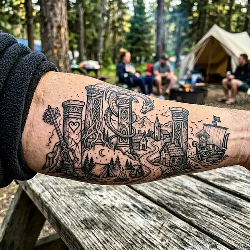 Family-Centric Forearm Tattoo with Campsite and Game Details