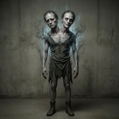 Eerie Bi-Cephalic Humanlike Creature with Two Heads