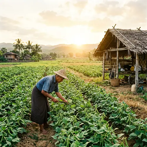 Myanmar Farmer in Sunlit Bean Field