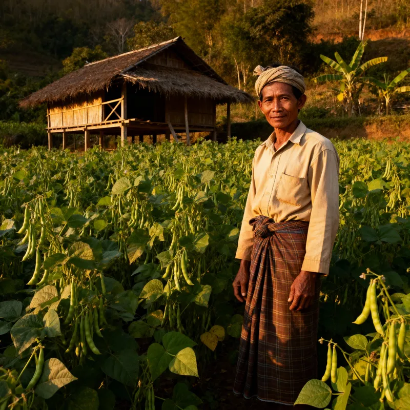Myanmar Farmer in Sunlit Bean Field