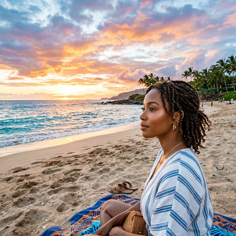 Beautiful Beach Landscape with Black Girl Looking at Sky