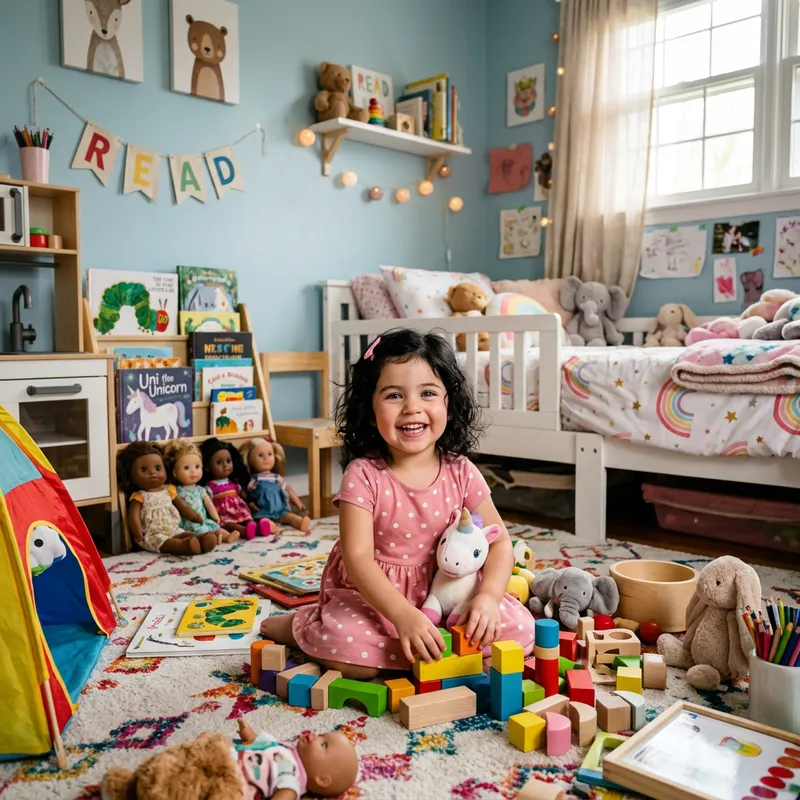 Adorable 3-Year-Old Girl with Black Hair & Blue-Green Eyes