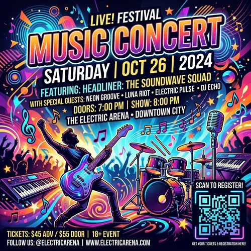 Vibrant Music Concert E-Flyer Design | Event Details & QR Code