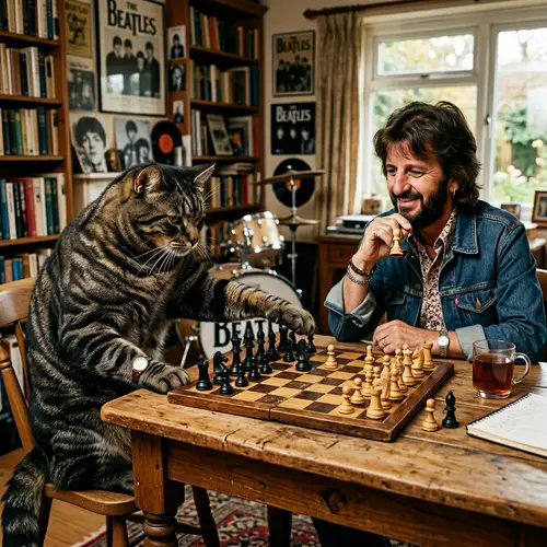 Muscular Cat Playing Chess with Ringo