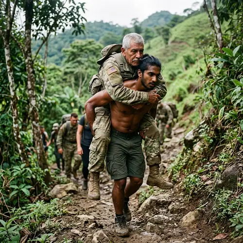 South Asian Man Carrying Hispanic Elder in Military Attire