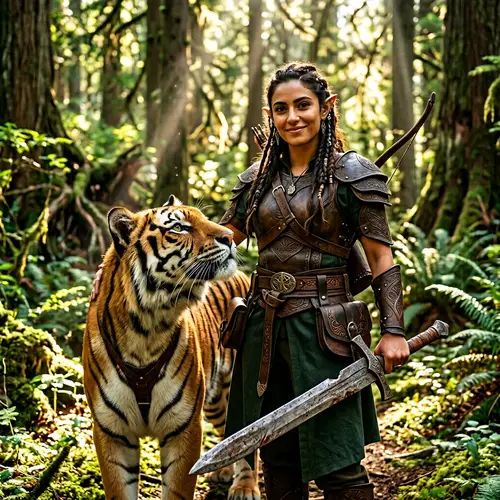 Middle-Eastern Female Elf with Wooden Sword and Big Cat in Ancient Forest