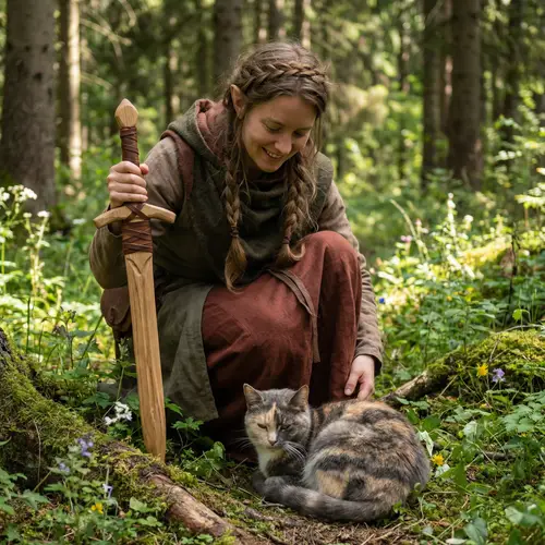 Elegant Earthy Elf with Wooden Sword Accompanied by Domestic Cat
