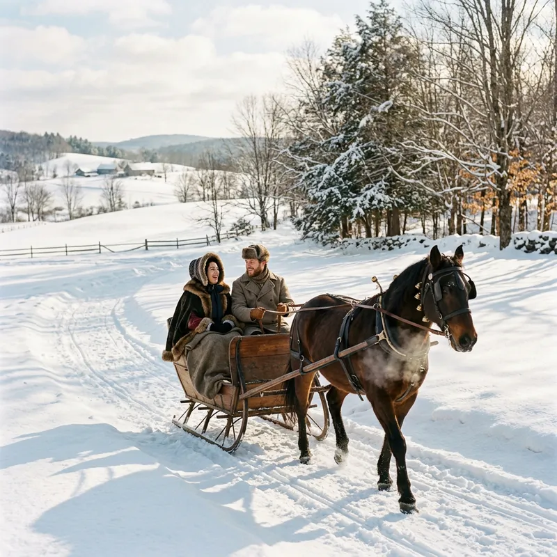 Winter Sleigh Ride in 19th Century New England Hills