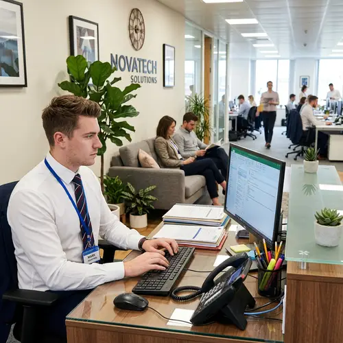 Professional Office Reception with Male Secretary and Office Items