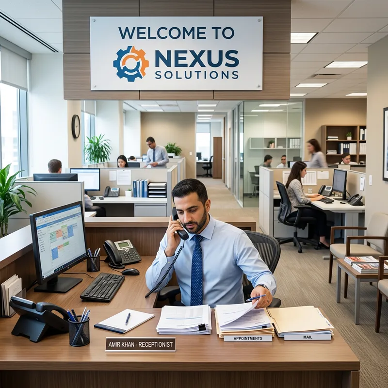 Middle-Eastern Male Secretary at Office Reception Middle-Eastern Male Secretary at Office Reception