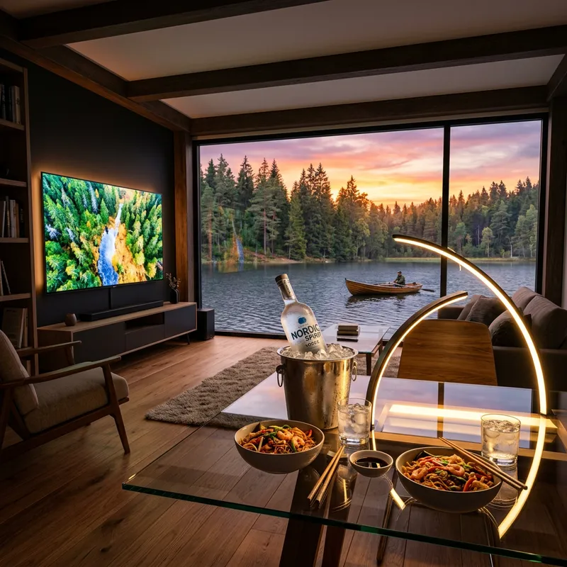 Photorealistic 4k Vodka Bottle & Asian Noodles on Glass Table