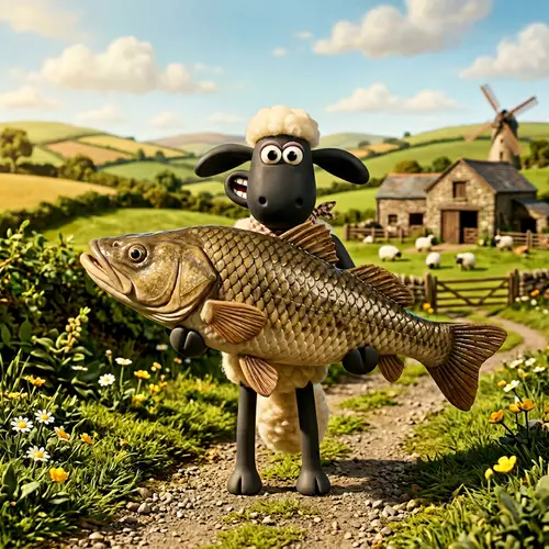 Shaun the Sheep with a Gigantic Flathead Fish