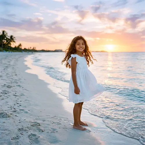 Serene South Asian Girl on Peaceful Beach | Sunset Glow