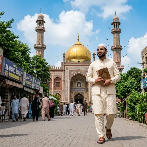 South Asian Muslim Man Walking Towards Beautiful Masjid
