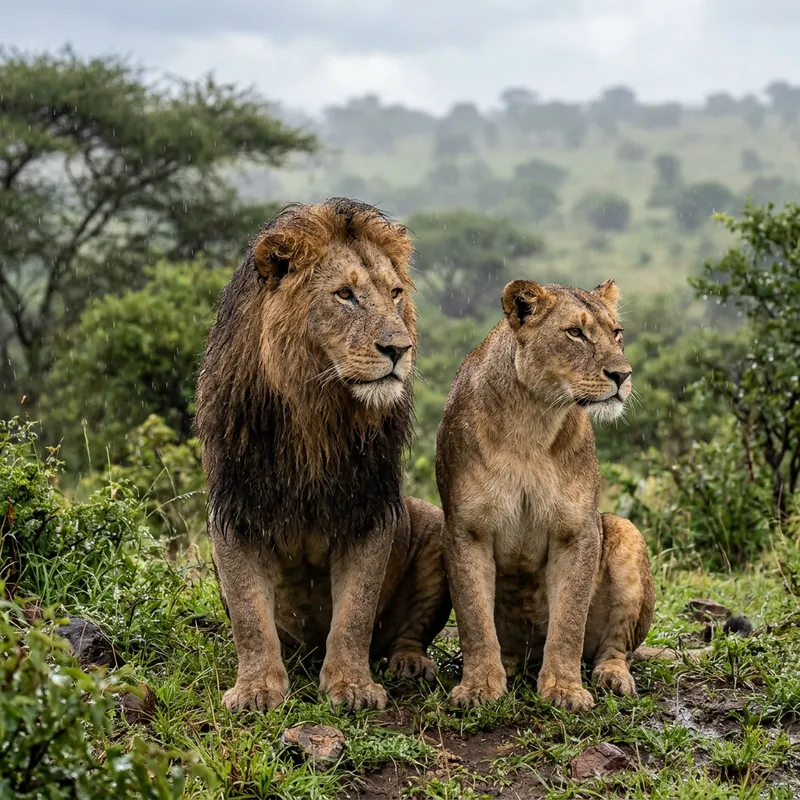 Majestic Lion and Lioness Art in Serene Rain | 3D Scene