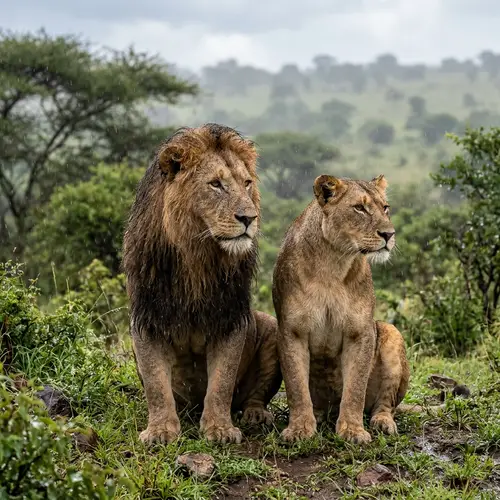 Realistic Lion and Lioness Art in Rainy Day | 3D Rendering