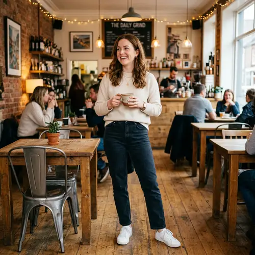 Smiling Woman with Drink in Cozy Cafe