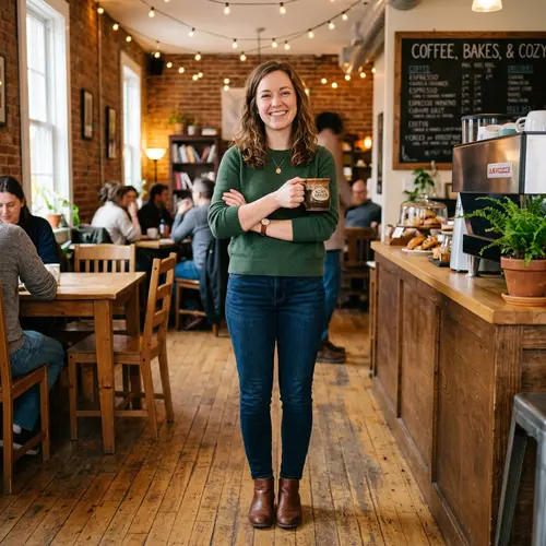 25-Year-Old Woman Smiling with Beverage in Cafe