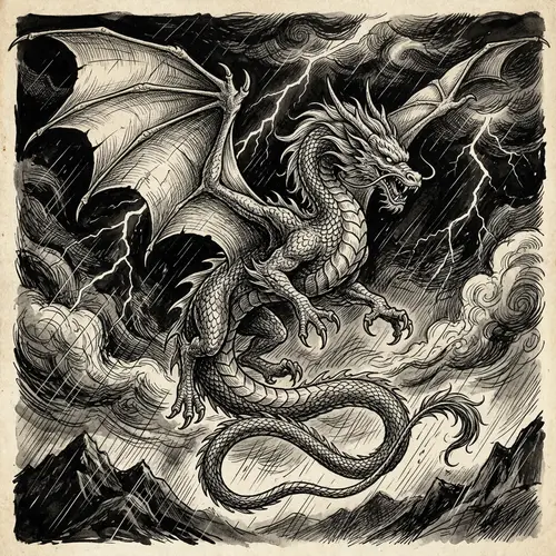 Detailed Dragon Ink Drawing with Majestic Wings and Scales