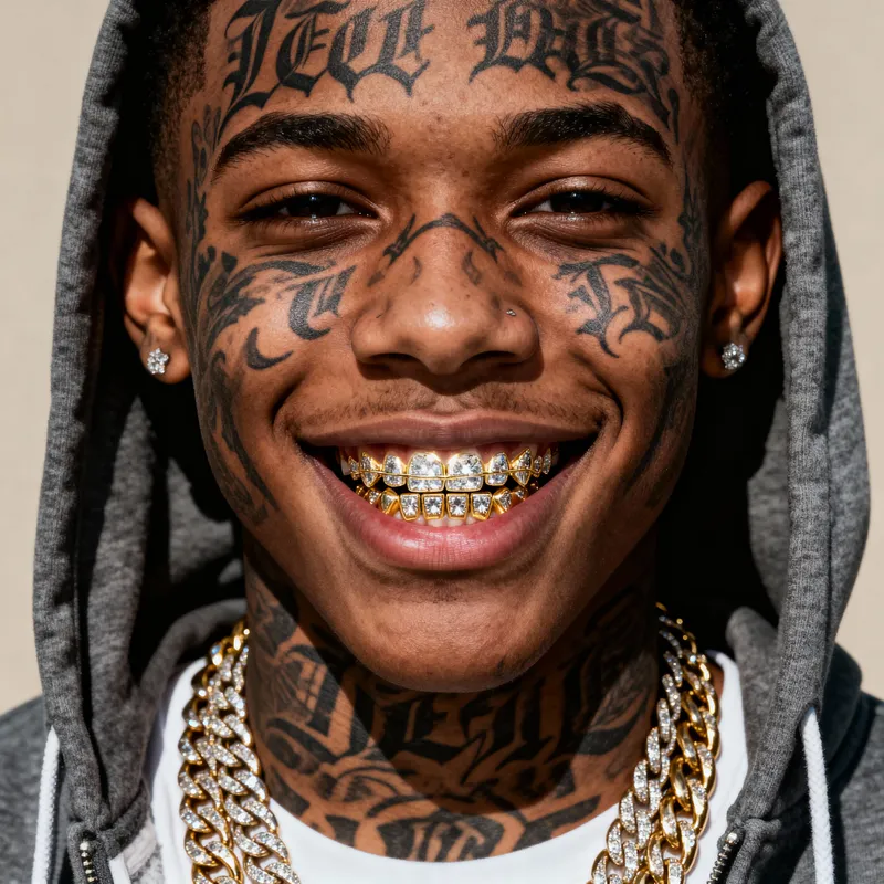 Gang Tattooed Teen Mugshot with Grillz and Chains