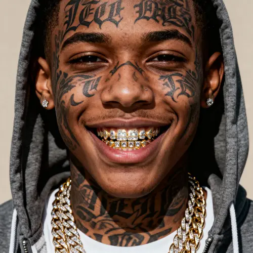 Gang Tattooed Teen Mugshot with Grillz and Chains