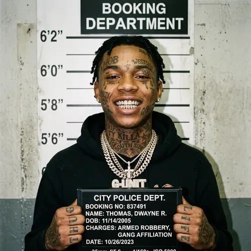 Gang Tattooed Teen Mugshot with Grillz and Chains