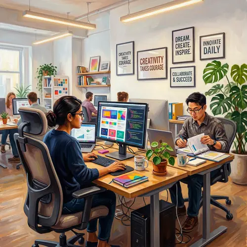 Diverse Workspace Oil Painting | Modern Office Scene Art