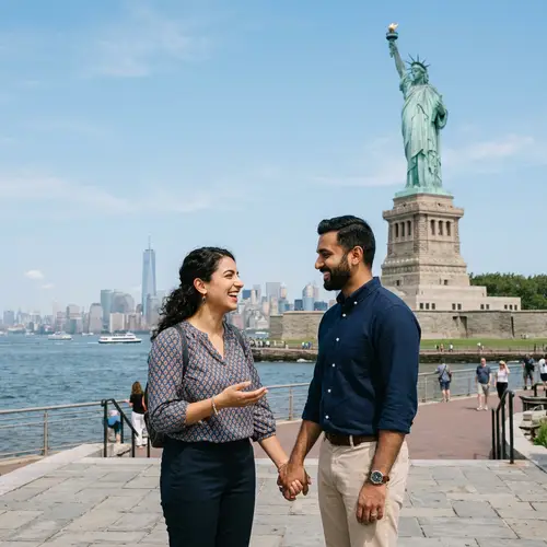 Multicultural Couple in Peaceful Conversation near Statue of Liberty
