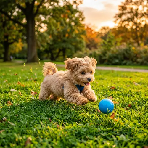 Playful Tan Maltese Puppy Enjoying Playtime in Lush Green Park