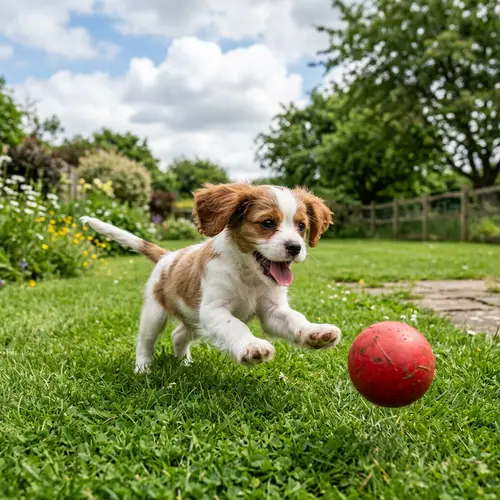 Playful Brown and White Puppy in Lush Green Yard