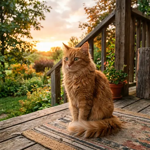 Tranquil Orange Tabby Cat Enjoying Evening Sunset on Porch