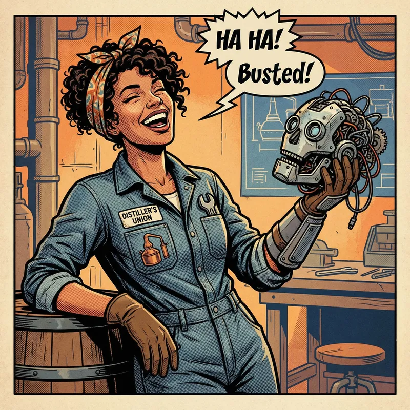 Laughing Distiller Woman with Dismantled Robot Head - Illustration Style