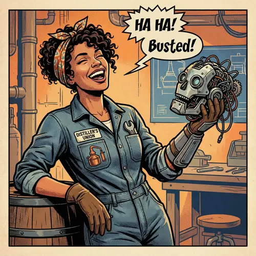 Joyful South Asian Distiller Woman with Dismantled Robot Head - Comic Style