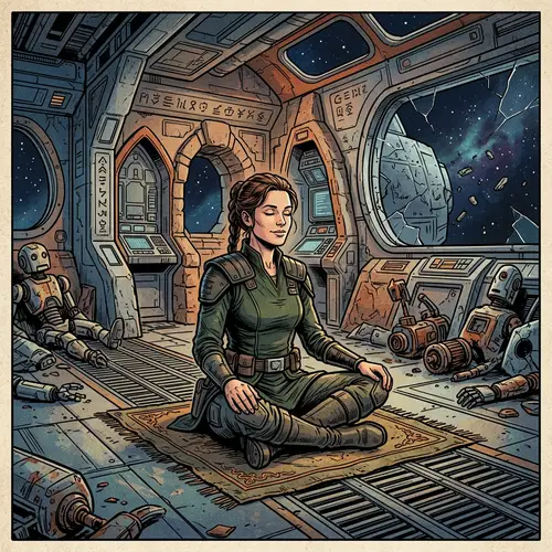 Space Futurism: Meditating Woman in Interstellar Spaceship