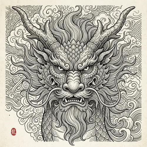 Stylized Chinese Dragon Illustration | Detailed Linear Drawing