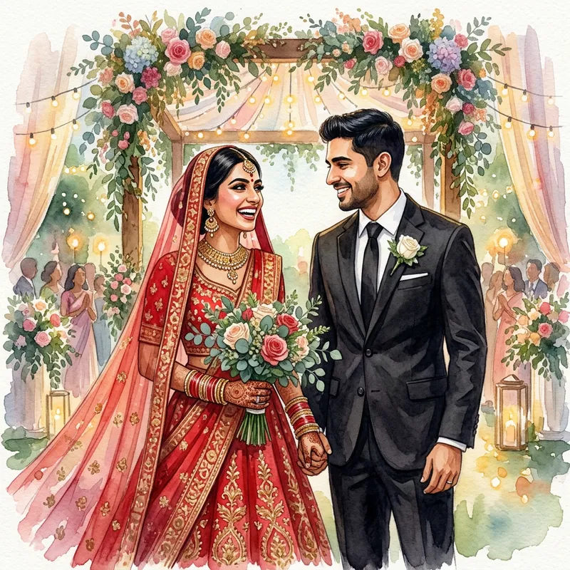 Joyful Wedding Scene: Bride & Groom in Watercolor