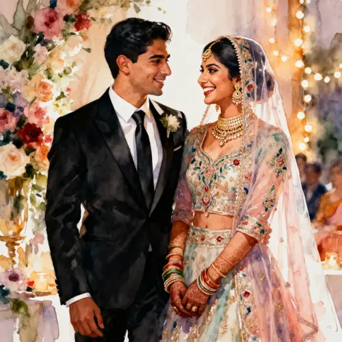 Joyful Wedding Scene: Bride & Groom in Watercolor