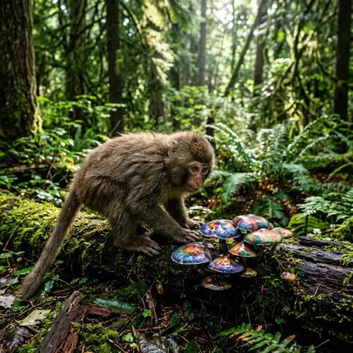 Curious Monkey and Magic Mushrooms in British Columbia Forest