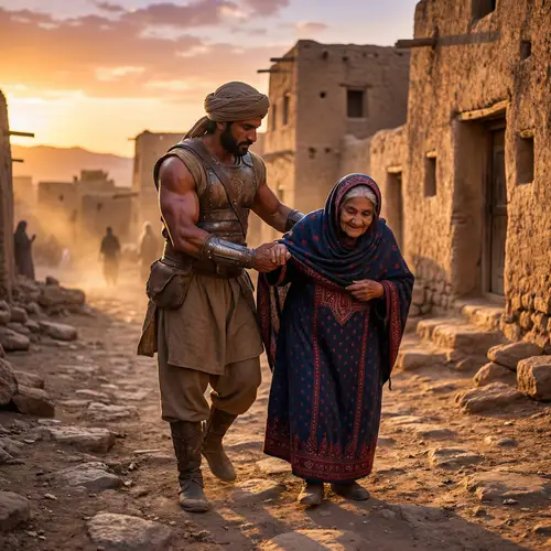 Compassionate Warrior Helping Elderly Woman - Serene Village Scene