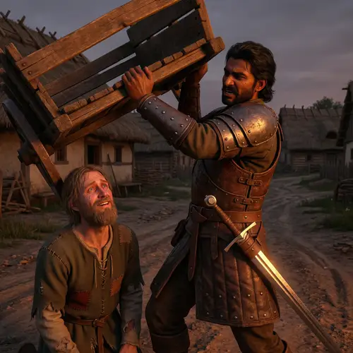 Brave Warrior Helping Frightened Villager in Medieval Countryside
