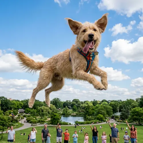 Flying Dog Soaring in Clear Blue Sky | Park Scene