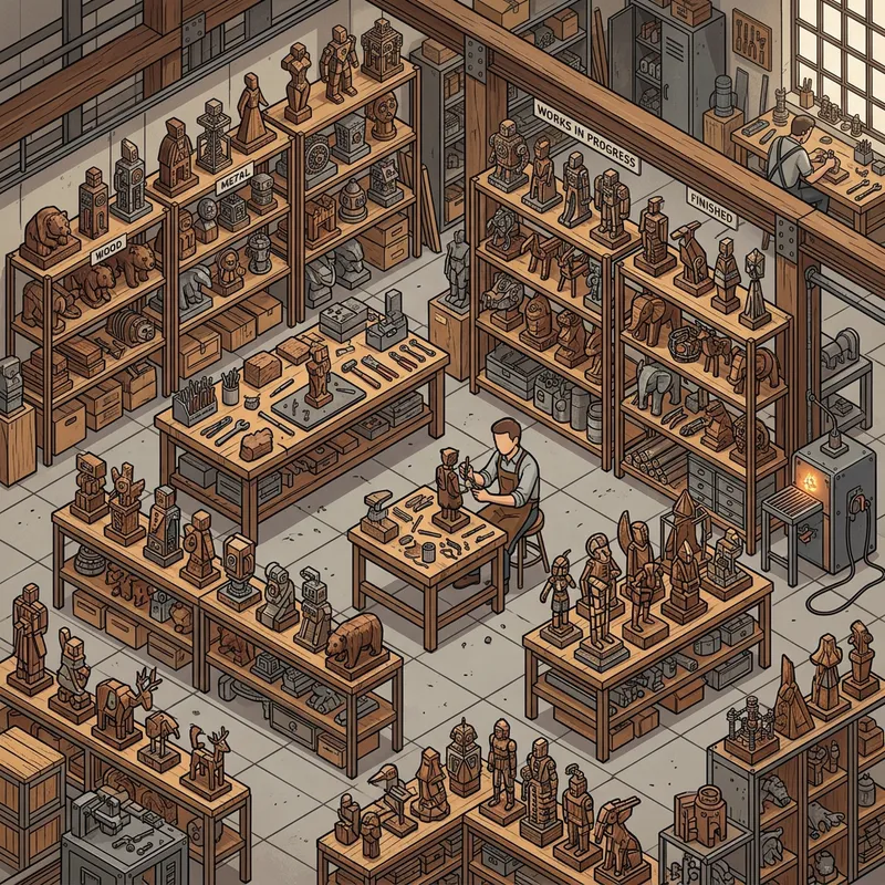Unique Metal and Wood Statues in Isometric Style