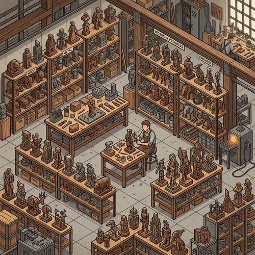 Unique Metal and Wood Statues in Isometric Style