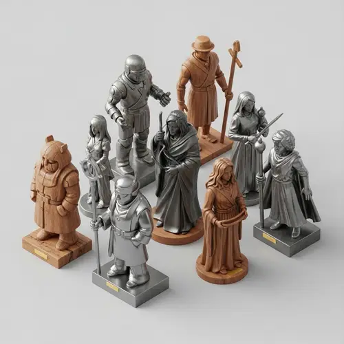 Unique Metal and Wood Statues in Isometric Style