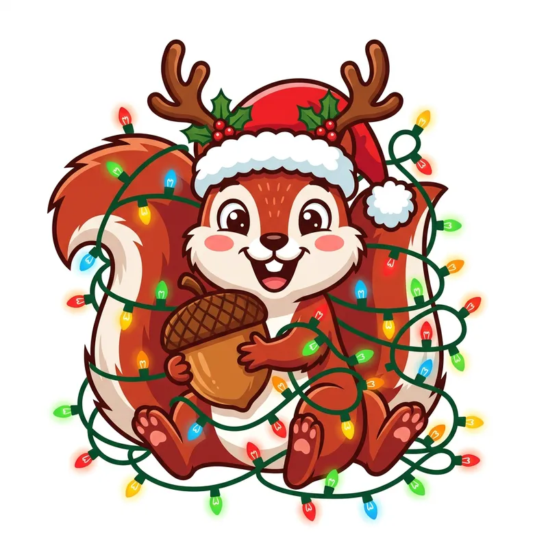 Festive Cartoon Squirrel with Santa Hat and Reindeer Antlers