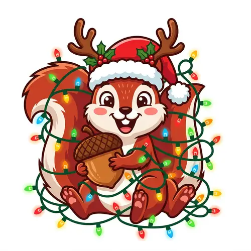 Whimsical Cartoon Squirrel in Santa Hat & Reindeer Antlers