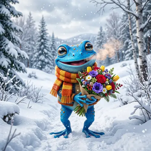 crazy frog gives a bouquet in winter